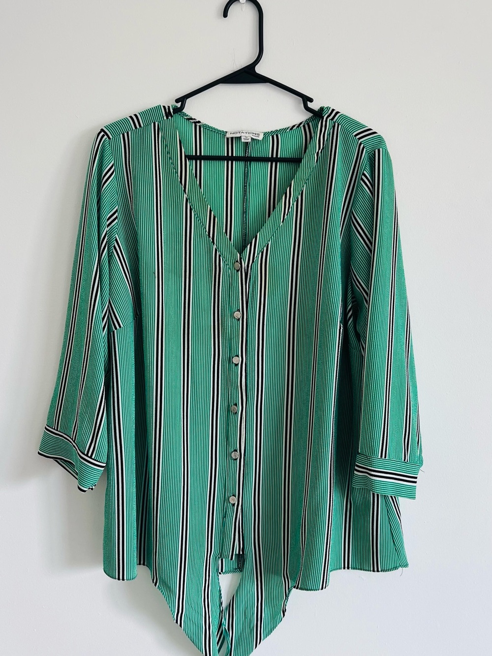 Notations Green Striped Button-Down V-Neck Blouse